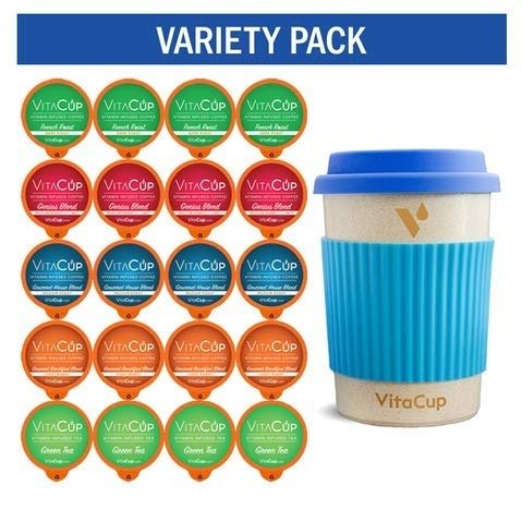 VitaCup Variety Pack w/ Bamboo ecoMug + 20 Vitamin Infused Coffee & Tea Pods Compatible with Keurig K-Cup Style Brewers