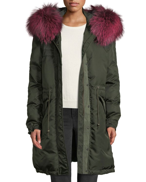 Zip-Front Puffer Jacket with Fox-Fur Hood