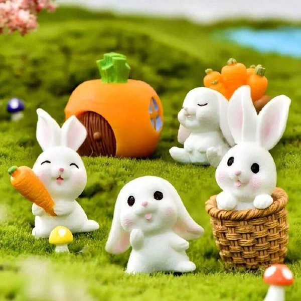 7pcs Cute Cartoon Rabbit Decoration Set, Easter Party Table Decor, Succulent Planter, Including 4 Rabbits And 3 Resin Miniature Landscape