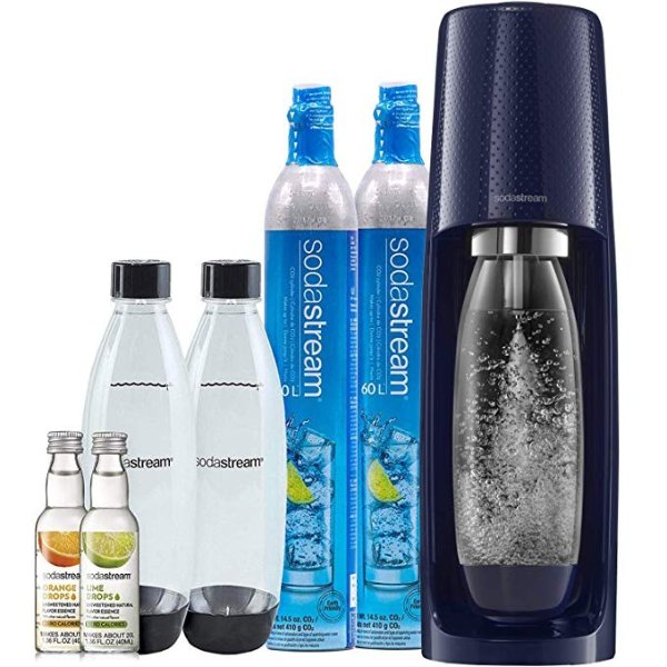 Fizzi Sparkling Water Maker Bundle (Navy Blue), with CO2, BPA free Bottles, and 0 Calorie Fruit Drops Flavors