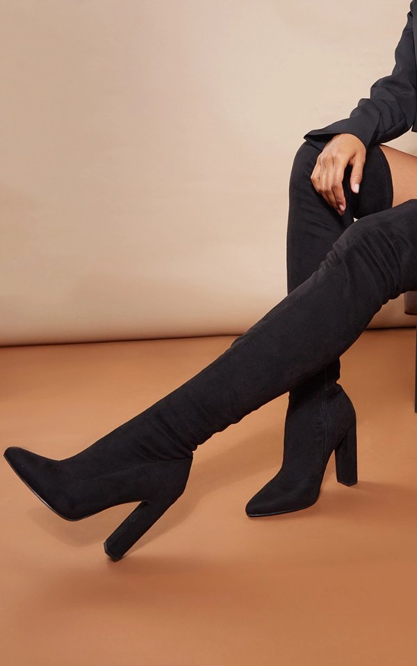 Black Faux Suede Rounded Point Toe Over The Knee Heeled Boots