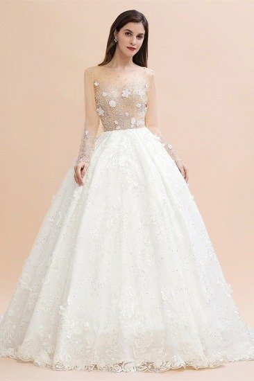 BMbridal Luxury Ball Gown Tulle Lace Wedding Dress Long Sleeves Appliques Pearls Bridal Gowns with Flowers On Sale