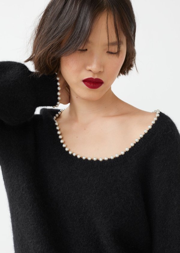 Pearl Embellished Wool Knit Sweater