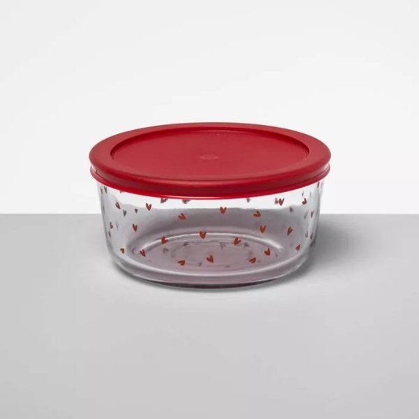 32oz Glass Hearts Print Food Storage Container Red - Opalhouse&#8482;