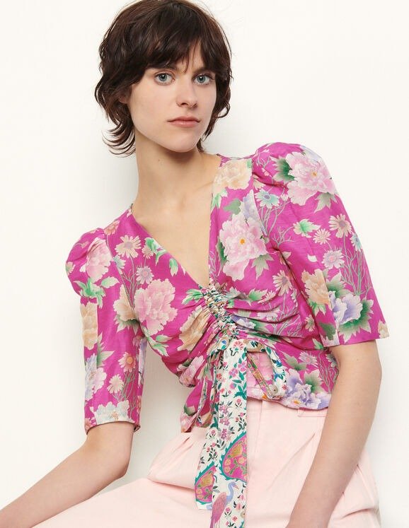 Linen and silk printed top