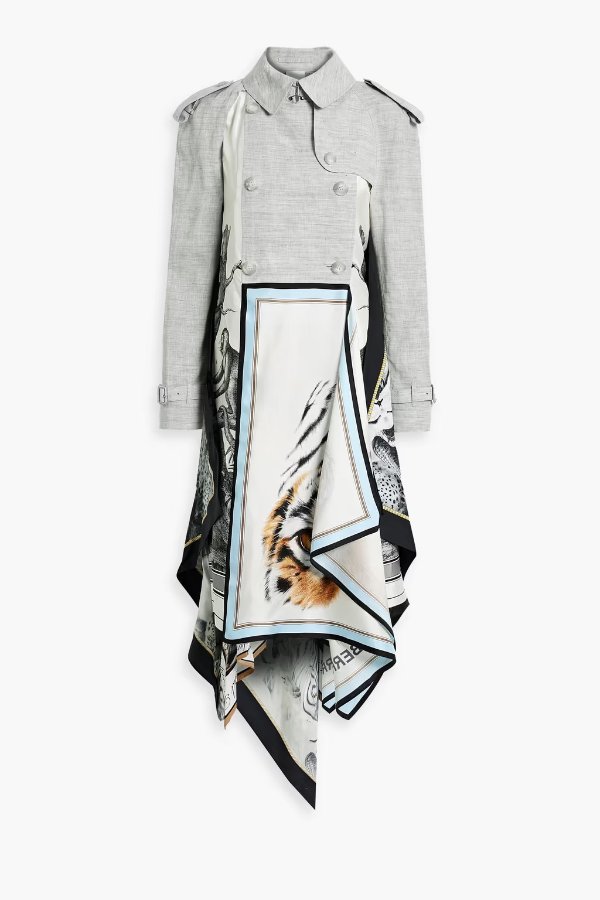 Slub linen-paneled printed cupro-twill dress