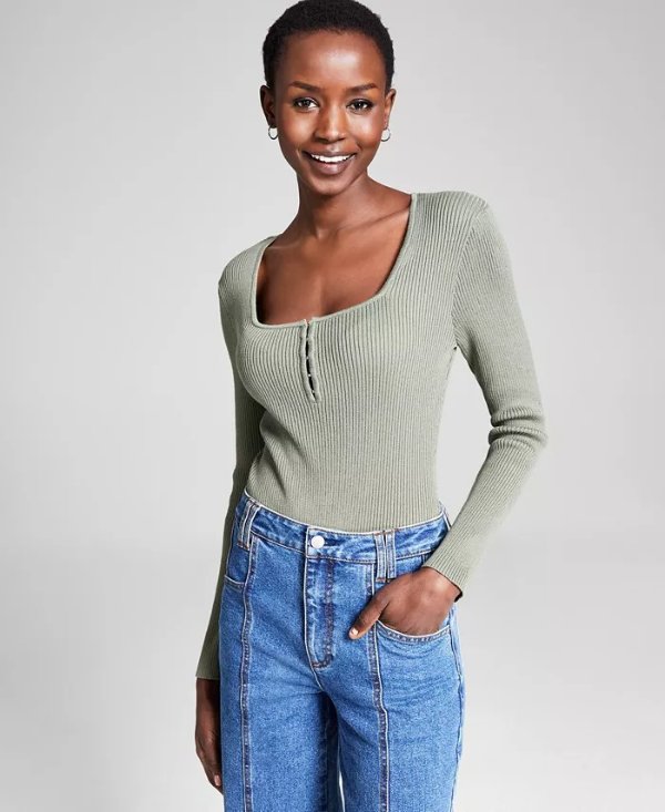 Women's Square-Neck Ribbed Sweater-Knit Long-Sleeve Bodysuit, Created for Macy's