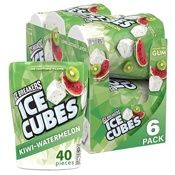 ICE CUBES Kiwi Watermelon Flavored Sugar Free Chewing Gum, Made with Xylitol, 40 Piece Container (6 ct)