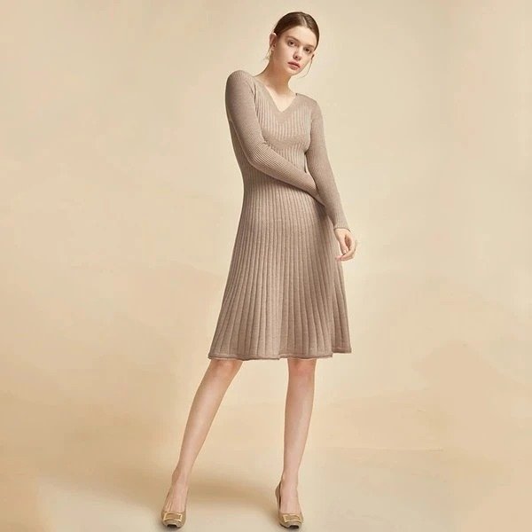 Women's V-neck Slim-fit Wool Dress