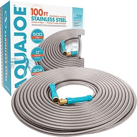 Aqua Joe AJSGH100-MAX 1/2-Inch Heavy-Duty, Puncture Proof Kink-Free, Garden Hose w/ Brass Fitting & On/Off Valve, Spiral Constructed 304-Stainless Steel Metal, 100-Foot