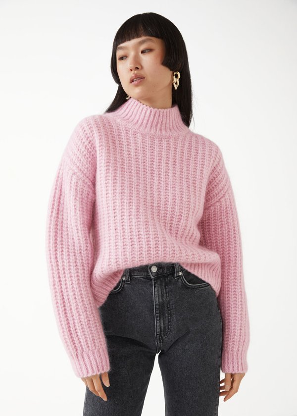 Fluffy Mock Neck Ribbed Sweater