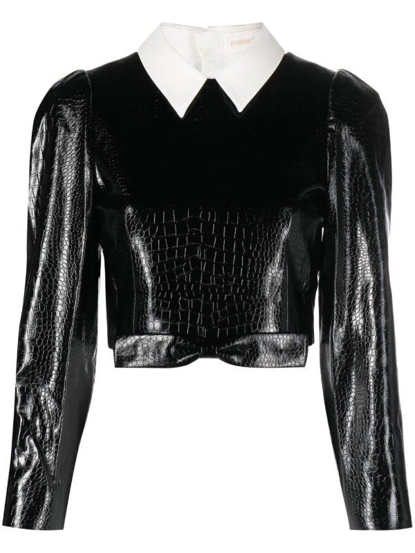 crocodile-embossed faux-leather cropped top