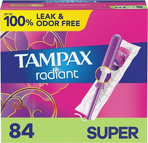 Radiant Tampons with Leakguard Braid, Super Absorbency, Unscented, 84 Count