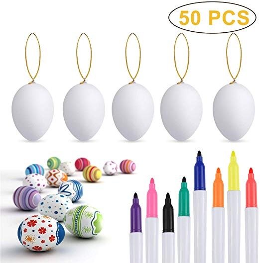 Philonext 50pcs Easter White Plastic Eggs, Easter Eggs, Hanging Plastic Eggs with Rope ,Artificial Egg DIY Decor Egg with 8 pens
