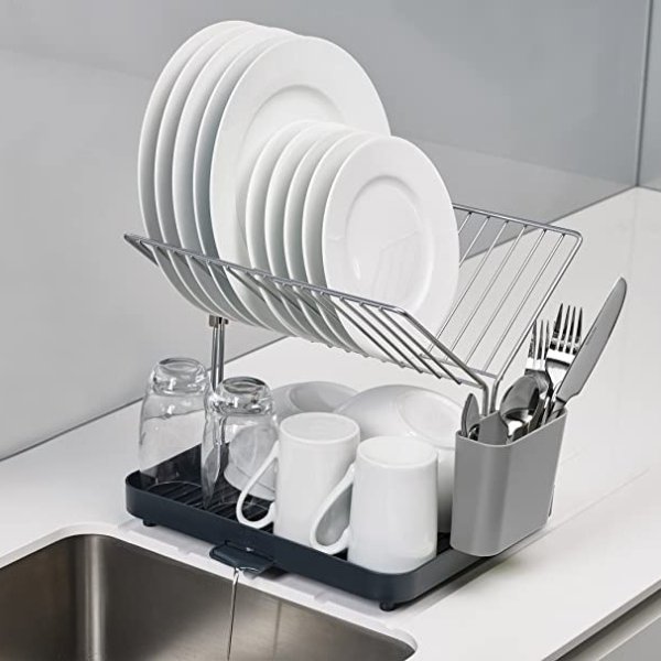 Y-Rack Dish Rack and Drain Board Set with Cutlery Organizer Drainer Drying Tray, Large, Gray