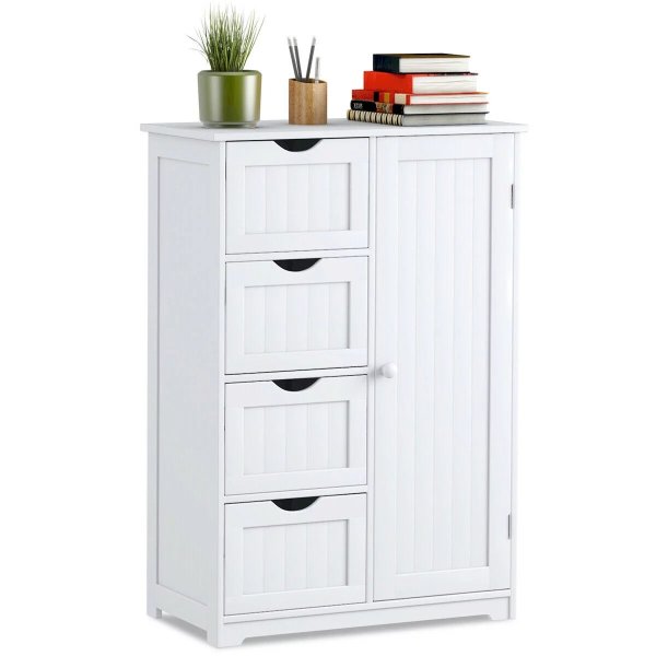 Wooden 4 Drawer Bathroom Cabinet Storage Cupboard 2 Shelves Free Standing White