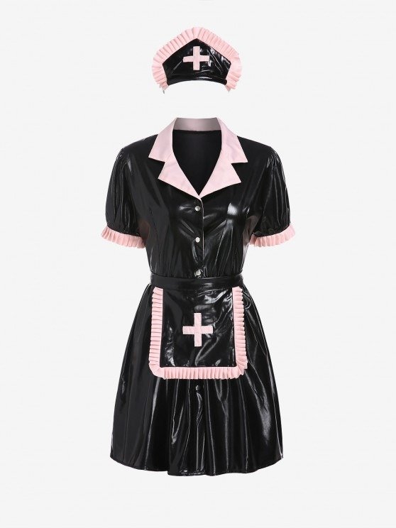 Halloween Nurse Costume PU Poet Sleeve Dress with Apron BLACK