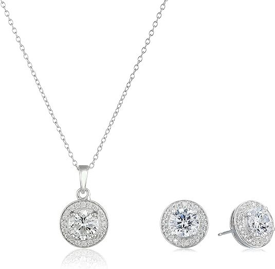Sterling Silver Cubic Zirconia Halo Pendant Necklace and Stud Earrings Jewelry Set