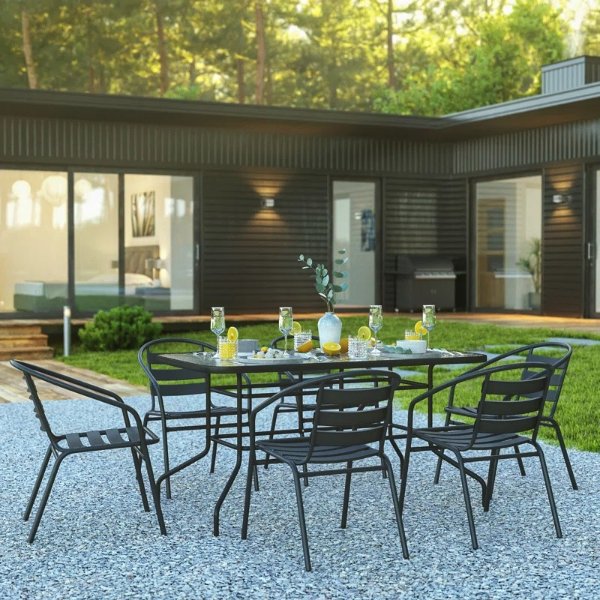 Amlie 7 Piece Outdoor Patio Dining Set - Tempered Glass Patio Table, 6 Flex Comfort Stack Chairs