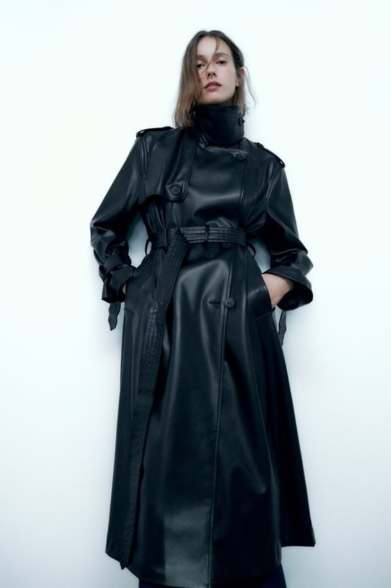 BELTED FAUX LEATHER TRENCH