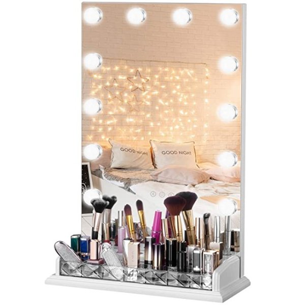 Vanity Table Makeup Hollywood Mirror Dimmable Light Touch Control 12 Cold/ Warm LED Lights, Makeup Organizer Brush Holder