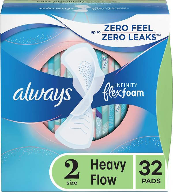 Infinity Feminine Pads for Women, Size 2, Heavy Flow Absorbency, with Wings, Unscented, 32 Count
