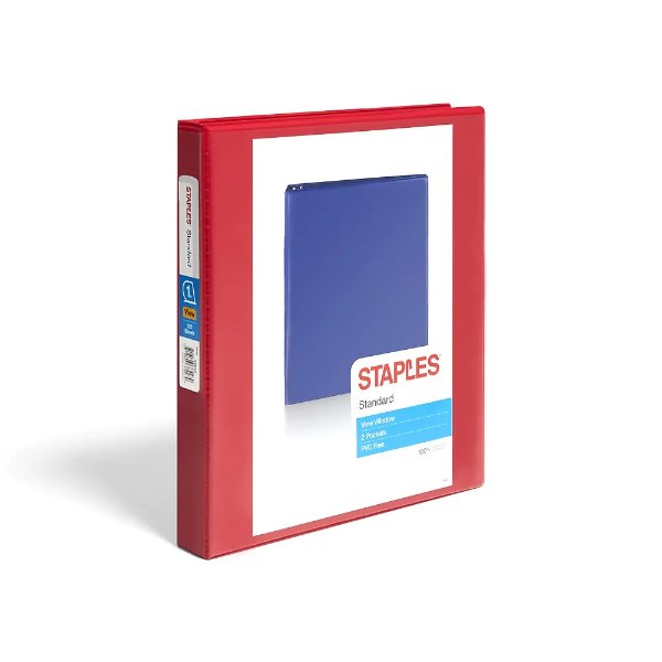Staples Standard 1" 3-Ring View Binder, Red (58652)