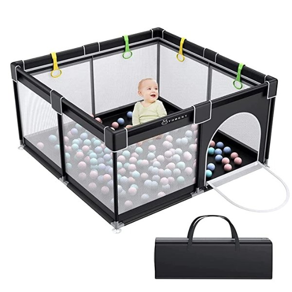 Baby Playpen, Small Play Pens for Babies, Toddlers and Kids, Indoor and Outdoor Play Yard Activity Center with Gate, Sturdy Safety Playpen with Soft Breathable Mesh for Play Area, Black, 50x50