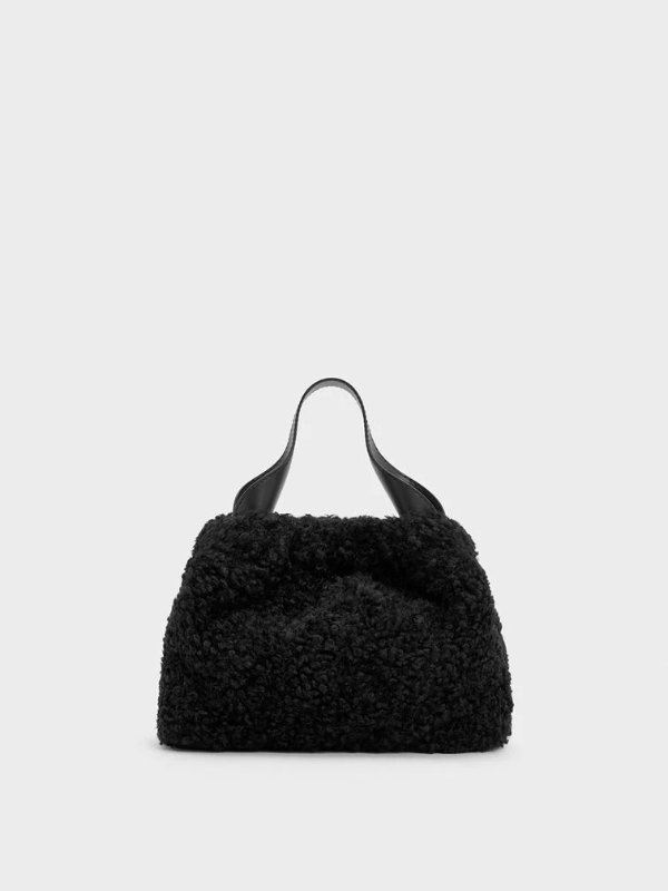 Noir Ally Furry Slouchy Chain-Handle Bag | CHARLES & KEITH