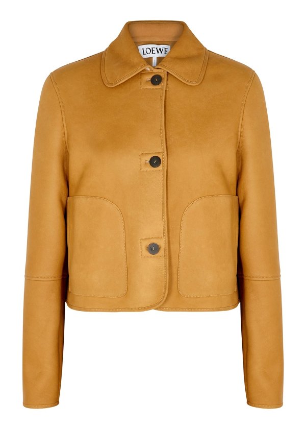 Camel shearling-lined leather jacket