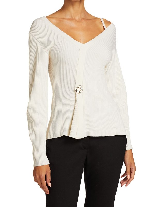 Wool Ribbed Off-The-Shoulder Pullover Sweater