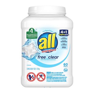 All Mighty Pacs Laundry Detergent Free Clear for Sensitive Skin, Tub, 60 Count