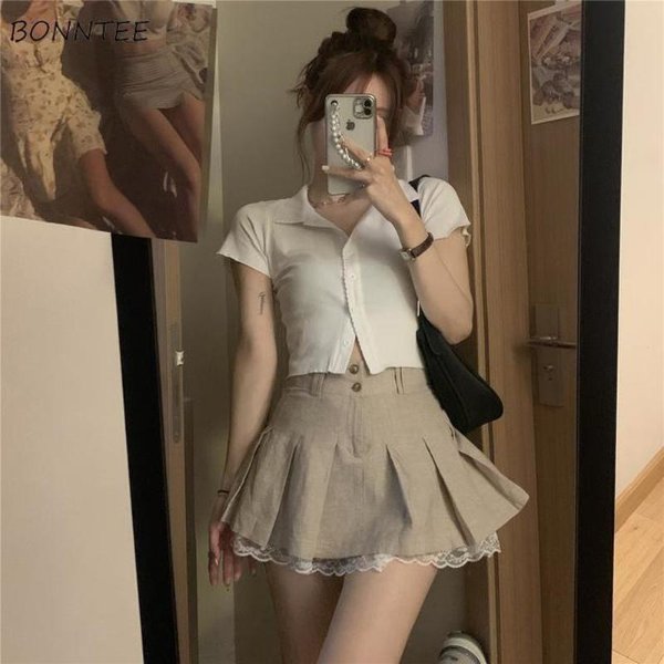 10.88US $ 5% OFF|2 Pieces Sets Women Summer New Fashion Elegant All-match Slim Crop Tops Female Pleated Lace Patchwork Skirts Leisure Ulzzang Fit - Dress Sets - AliExpress