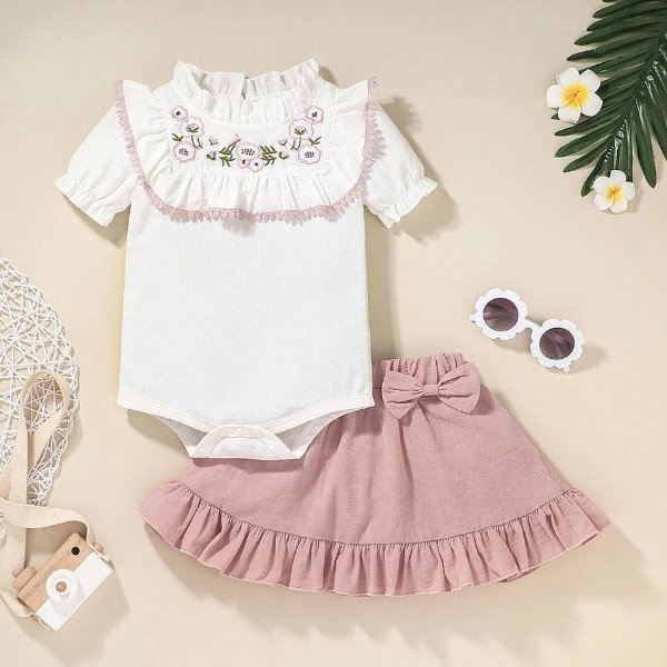 2pcs Baby Girl Short-sleeve Ruffle Collar Floral Print Cotton Baby's Sets