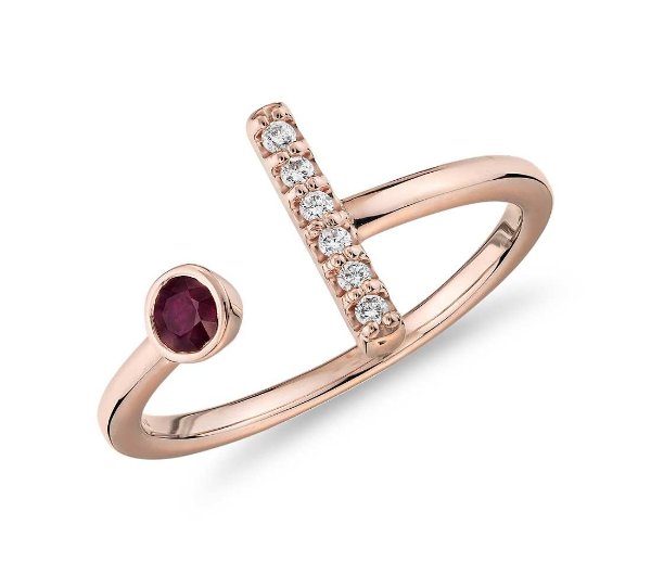 Bezel-Set Ruby and Diamond Bar Ring in 14k Rose Gold (3mm) | Blue Nile