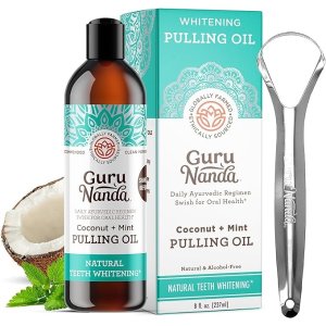 Coconut & Peppermint Oil Pulling (8 Fl.Oz) with Tongue Scraper - Alcohol Free Mouthwash for Fresh Breath, White Teeth & Healthy Teeth & Gums