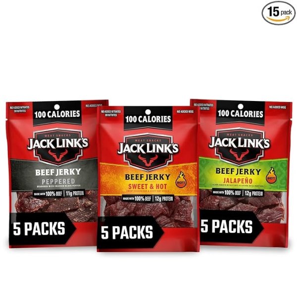 Link’s Beef Jerky Bold Variety Pack – Includes Sweet & Hot, Jalapeno and Peppered Beef Jerky, Great Lunch Box Snack, Good Source of Protein – Pack of 15, 1.25 Oz Bags