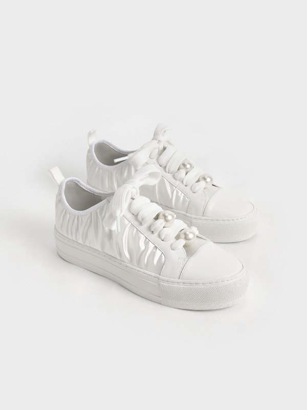 White The Bridal Collection: Blythe Leather & Satin Bead-Embellished Sneakers | CHARLES &amp; KEITH