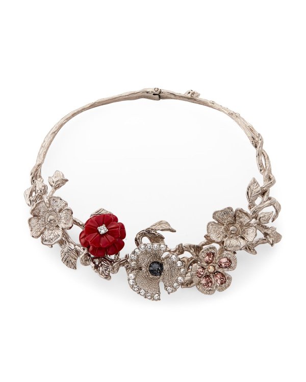 Silver-Tone Embellished Flower Collar Necklace