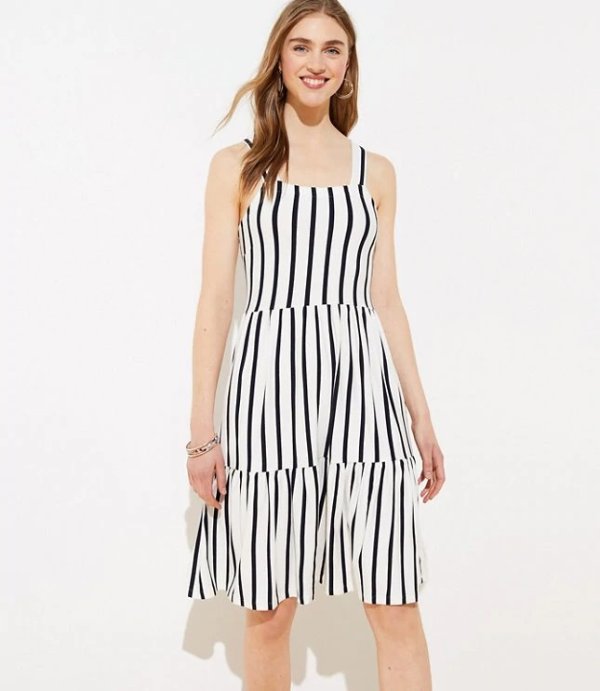 Striped Tiered Square Neck Dress | LOFT