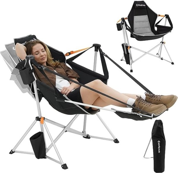 Hammock Camping Chair, Aluminum Alloy Adjustable Back Swing Chair Hold Up to 300lbs, Folding Rocking Chair with Removable Footrest Pillow Cup Holder for Adults Outdoor Travel Beach Lawn