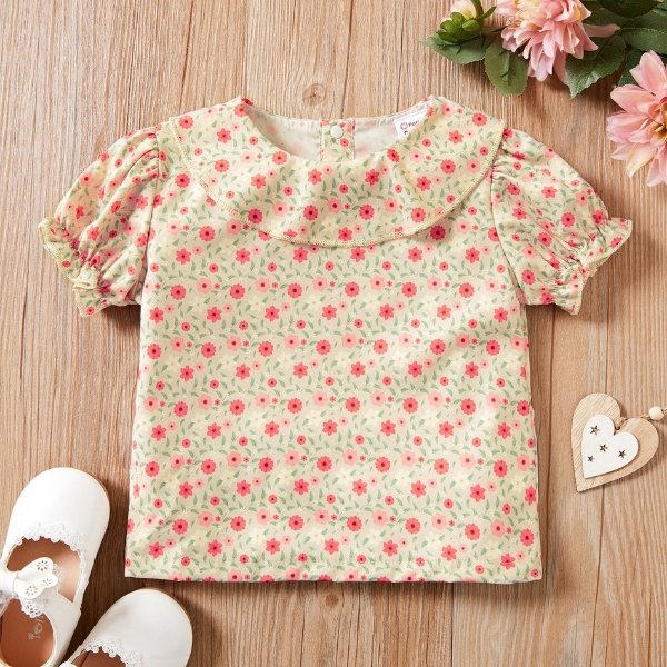 1pc Baby Girl Short-sleeve Cotton Sweet Floral Shirt & Smock