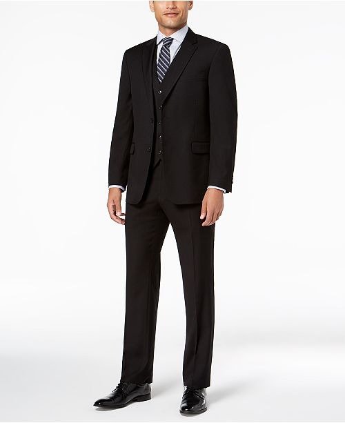 Men's Modern-Fit THFlex Stretch Black Twill Vested Suit