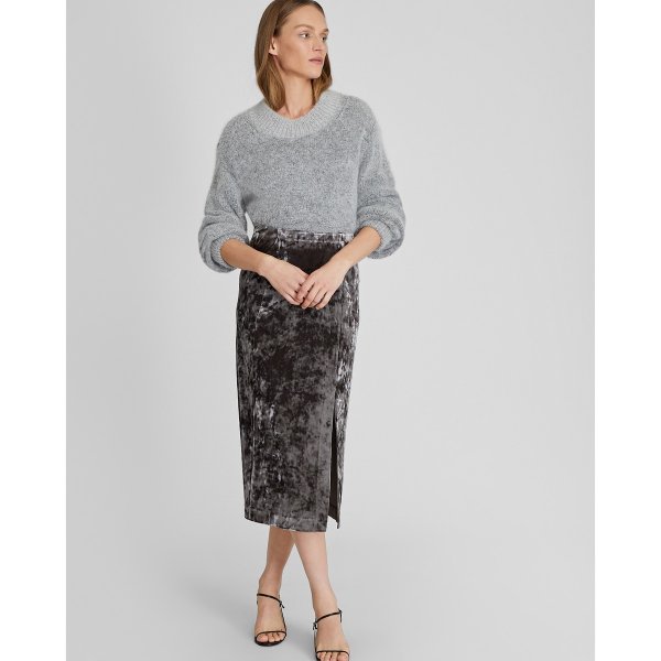Crushed Velvet Side Slit Midi Skirt