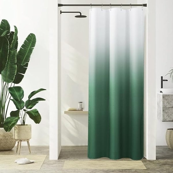 Small Stall Shower Curtain 36x72 inch, Narrow Green and White Ombre Gradient Fabric Shower Curtains for Bathroom, Half Size Shower Curtain Set with 6 Hooks, Machine Washable, 36x72, Green