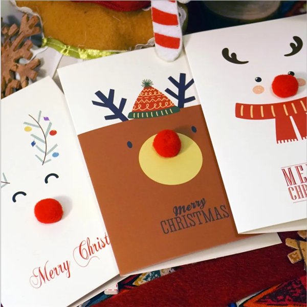 3-pack Creative Hairball Nose DIY Cartoon Merry Christmas Wishes Cards Blessing Greeting Cards
