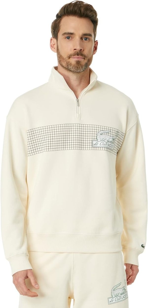 Men's Loose Fit High-Neck Quarter Zip Sweatshirt with Front Tennis Net Graphic