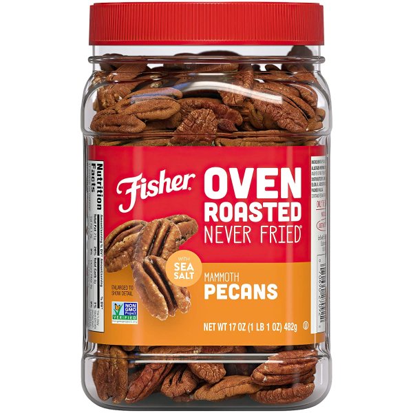 Fisher Snack Oven Roasted Never Fried Mammoth Pecans, 17 Ounces, Made with Sea Salt, Non-GMO, No Oils, Artificial Ingredients or Preservatives