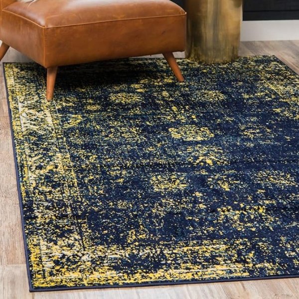 Sofia Collection Area Rug - Casino (5' 3" x 8' Rectangle, Navy Blue/ Yellow)