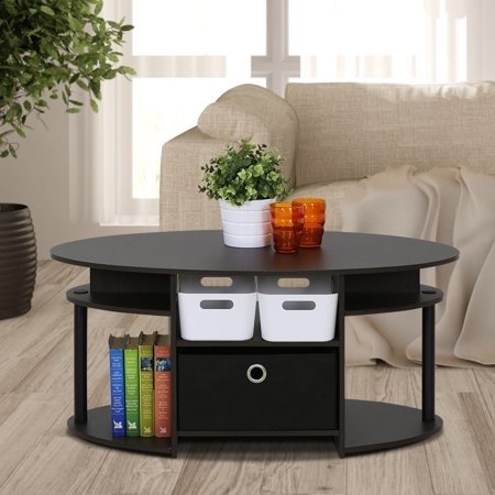 JAYA Simple Design Oval Coffee Table with Bin, Walnut